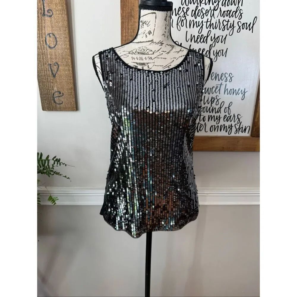 By Chico's Women's Sparkly Sequin Sleeveless Party Tank Top Black Size 2